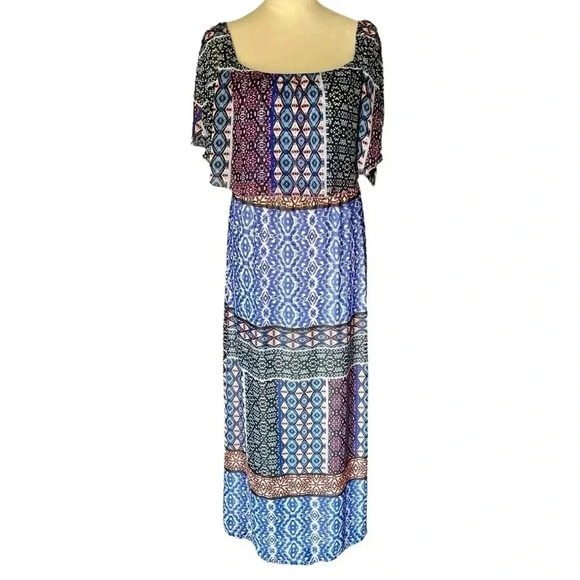 Chico’s Peasant Maxi Dress Blue Mixed Print Women Size 1 (M) - Picture 3 of 10